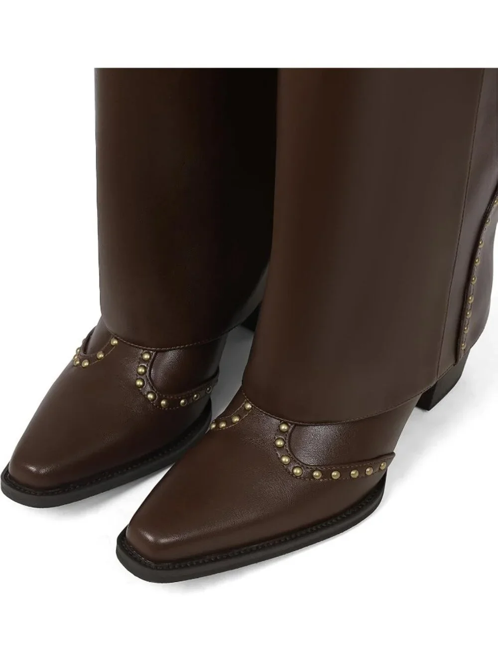 Women's Brown Polyurethane (PU) Studded Fold Over Knee High Chunky Heel Boot